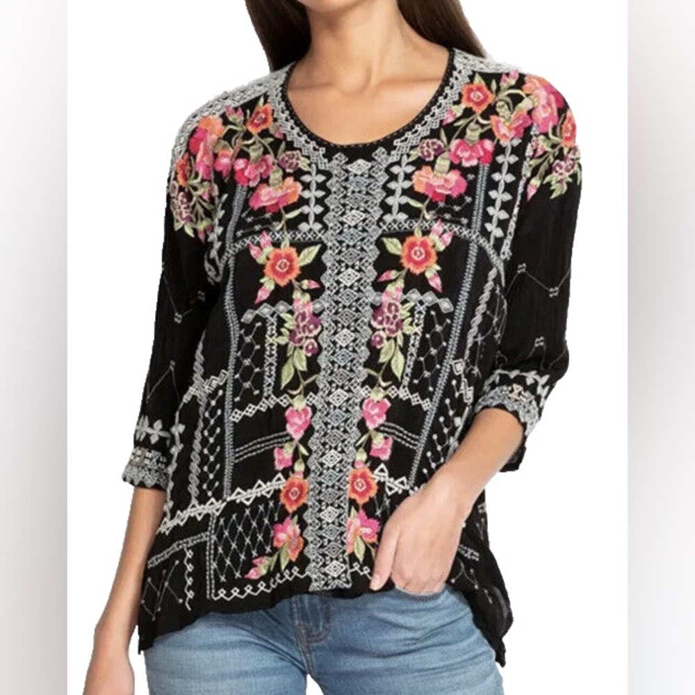 Johnny Was Black Floral Embroidered Blouse